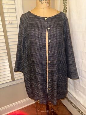 Eileen Fisher Navy Cream and Charcoal Organic Linen Topper XL